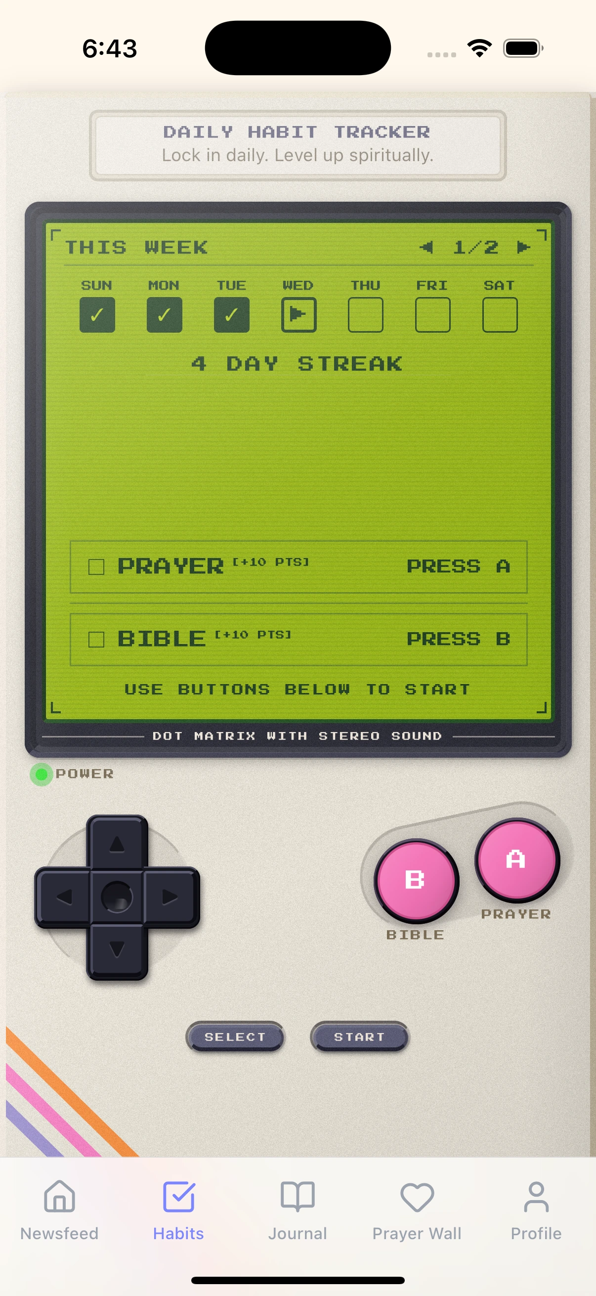 DailyBread's Game Boy-inspired habit tracker showing a four-day streak on an iPhone
